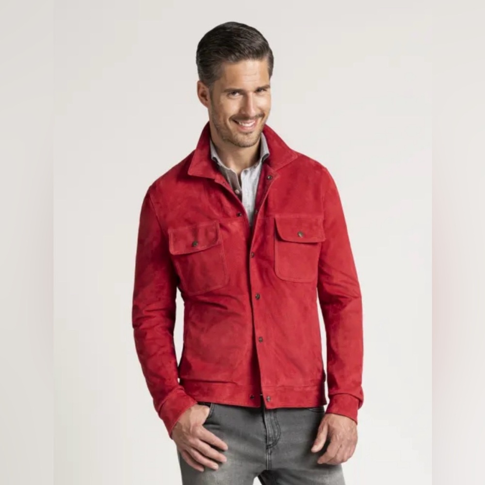 Isaia Napoli Men's Designer Red Cotton Shirt Jacket with Chest Pockets